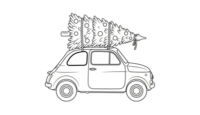 Zwart-wit lijntekening van een klassiek autootje met een kerstboom op het dak, versierd met ballen en een zuurstok.