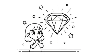 Zwart-wit kleurplaat van een jong meisje met verwonderde ogen dat omhoog kijkt naar een grote, schitterende diamant. Rondom de diamant zijn stralingen, sterretjes en bolletjes getekend.