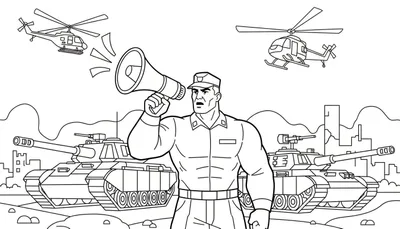Zwart-wit kleurplaat van een militaire operatie met een mannelijke leider met megafoon, twee tanks, en twee helikopters in de lucht boven heuvels en gebouwen.
