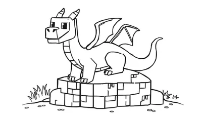 Kleurplaat van een schattig, blokkerig draakje in Minecraft-stijl, zittend op stenen blokken met gras en kiezelstenen.