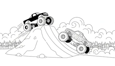 Kleurplaat van twee monster trucks die stunts uitvoeren op zandheuvels voor een juichend publiek.
