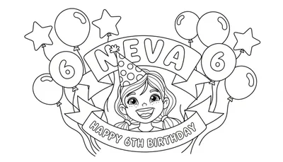 Zwart-wit kleurplaat van een lachend meisje met sproetjes en een feesthoed, omringd door ballonnen en sterren voor een 6e verjaardag, met het lint 'NEVA HAPPY 6TH BIRTHDAY'.