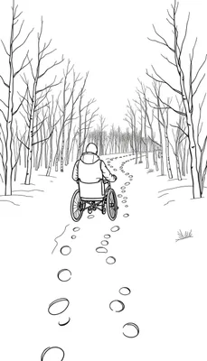 Zwart-wit tekening van een persoon in een warme winterjas en rolstoel, van achteren gezien, die door een besneeuwd bos vol kale bomen rijdt. Voetstappen leiden de weg in.