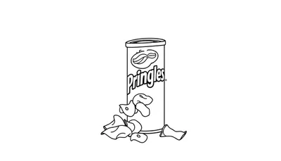 Zwart-wit lijntekening van een Pringles bus met vallende chips, ideaal om in te kleuren.