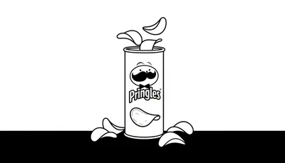 Zwart-witte kleurplaat van een Pringles-bus met chips, het Pringles-logo en de mascotte.