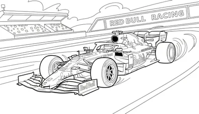 Zwart-witte lijntekening van een Red Bull Racing Formule 1-auto, nummer 1, met coureur in actie op een racecircuit. Op de achtergrond een RED BULL RACING bord en een tribune. Wolken boven.