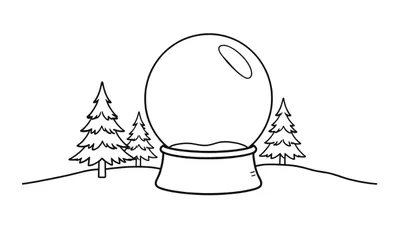 Kleurplaat van een lege sneeuwbol met een reflectie, staand op een voetstuk, omringd door drie dennenbomen op een besneeuwd heuvelachtig landschap. Eenvoudige zwart-wit lijntekening.