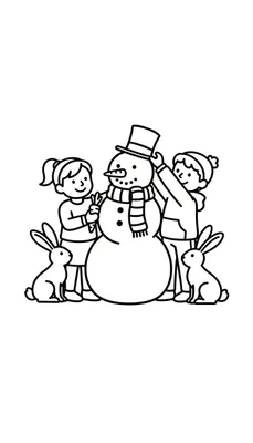 Kleurplaat van een sneeuwpop die wordt versierd door een jongen en een meisje, met twee konijnen die toekijken.