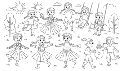 Zwart-wit kleurplaat van negen blije kinderen die buiten spelen in een park, met rennende kinderen, bellen blazen, schommelen en een zandkasteel bouwen, omringd door bomen, gras en lachende zonnen.