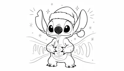 Zwart-wit tekening van Stitch met kerstmuts, glimlachend, met sterren en sneeuwvlokken op de achtergrond.