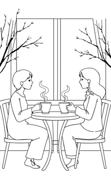Kleurplaat met een zwart-wit tekening van twee vrouwen die elkaar aankijken aan een ronde tafel, elk met een dampende kop warme chocolademelk of thee, met op de achtergrond een groot raam waarachter kale boomtakken te zien zijn.