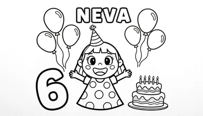 Kleurplaat van een lachend meisje met feestmuts, omringd door ballonnen en een verjaardagstaart met het cijfer 6.
