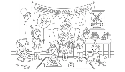 Kleurplaat van een verjaardagsfeest voor oma met slingers, cadeautjes, taart en kinderen.