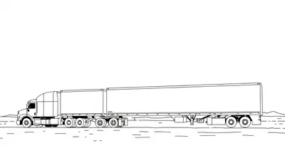 Zwart-wit lijntekening kleurplaat van een lange vrachtwagencombinatie met twee opleggers, rijdend op een weg met glooiende heuvels op de achtergrond.