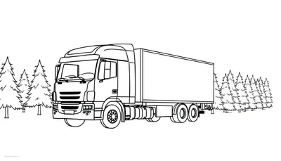 Zwart-witte lijntekening van een vrachtwagen met oplegger, met aan de linkerzijde een paar dennenbomen en aan de rechterzijde een rij verder weg staande dennenbomen. De achtergrond is wit.