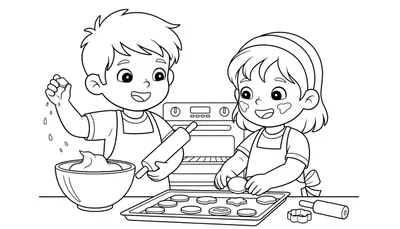Illustratie van een jongen met een deegroller en een meisje met een koekjesvormpje, beiden vrolijk aan het bakken met bloem en deeg.