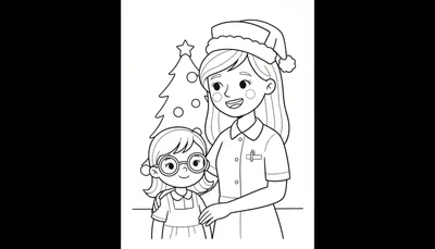 Kleurplaat met een volwassen vrouw met kerstmuts en een glimlach, met haar arm om een jong meisje met bril en hoofdband. Ze staan voor een versierde kerstboom.