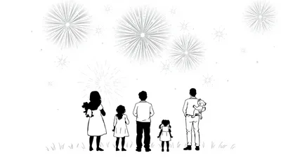 Kleurplaat met een groep mensen, inclusief een vrouw met een dier, een jongen en een man met een teddybeer, die omhoog kijken naar kleurrijk vuurwerk tegen een donkere lucht.