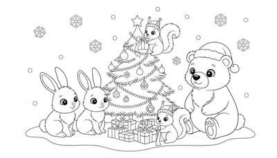 Kleurplaat met een kerstboom, twee konijnen, twee eekhoorns met mutsjes en cadeautjes, en een beer met kerstmuts, omringd door sneeuwvlokken.