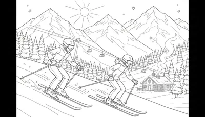 Kleurplaat van een winters berglandschap met twee skiërs, bergen, dennenbomen, een skilift, zon, sneeuwvlokken en een houten hut.
