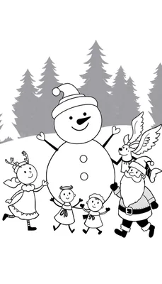 Kleurplaat van een winterse scène met een sneeuwman, elfje, engeltjes, gevleugeld rendier en Kerstman die elkaars handen vasthouden.