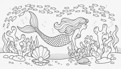 Een zwart-wit lijntekening van een zeemeermin die zwemt in een onderwaterwereld met vissen, koraal, zeewier en schelpen. De tekening is bedoeld als kleurplaat en heeft een vrolijke uitstraling.