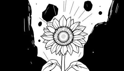 Zwart-wit tekening van een grote, gedetailleerde zonnebloem met een gestippeld hart, stralende lijnen, en twee handen aan de onderkant die de stengel vasthouden. De achtergrond is een mix van zwart en wit met abstracte vormen en vallende elementen.