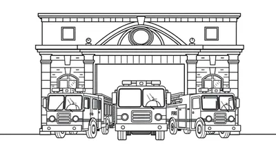 Zwart-wit lijntekening van een brandweerkazerne met drie brandweerwagens. De middelste wagen is volledig zichtbaar.