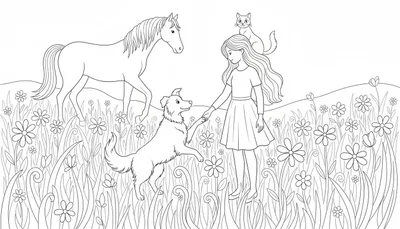 Kleurplaat van een lachend meisje met lang haar dat de poot van een spelende hond vasthoudt, terwijl een kat op haar hoofd zit. Een paard staat aan de linkerkant, allemaal in een weelderig bloemenveld.