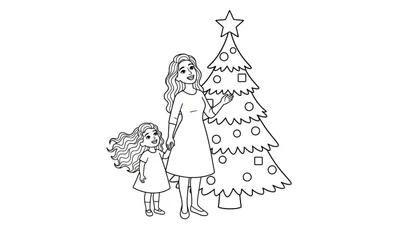 Zwart-wit kleurplaat van een vrouw en een jong meisje, hand in hand, wijzend naar een kerstboom met ster en ornamenten.