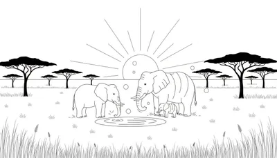 Zwart-wit lijntekening van een olifantenfamilie in een Afrikaanse savanne, met acaciabomen, gras en een zon op de achtergrond.