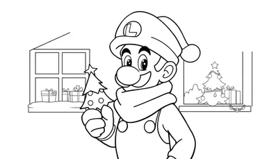 Zwart-wit lijntekening van Luigi in winterse kerstkleding, met een kerstboompje en een feestelijke achtergrond met ramen waarin cadeautjes en een kerstboom te zien zijn.