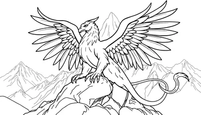 Zwart-wit lijntekening van een majestueuze griffioen met arendskop, adelaarsbek, gespreide vleugels en leeuwenlichaam, zittend op een rots in een berglandschap.