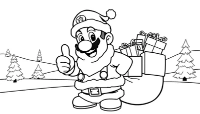 Zwart-wit kleurplaat van Mario verkleed als Kerstman met een volle witte baard, kerstmuts, kerstmanpak, riem, die zijn duim omhoog steekt en een grote zak vol cadeautjes draagt in een winterlandschap met besneeuwde heuvels en kerstbomen.