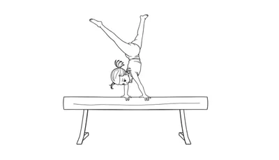 Lijntekening van een jong meisje dat een handstand doet op een evenwichtsbalk, met gespreide benen en staartjes.