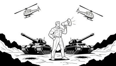 Kleurplaat van een militair leider met megafoon, geflankeerd door twee tanks en met helikopters in de lucht, in een rotsachtig landschap.