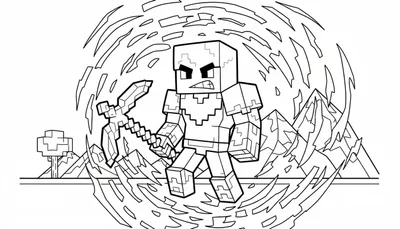 Minecraft kleurplaat van een stoer personage met harnas en houweel, omringd door vlammen, tegen een achtergrond van blokkerige bergen en een boom.