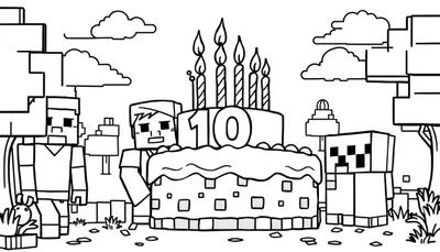 Minecraft-stijl kleurplaat van een feestelijke verjaardag met een taart met het cijfer 10, Steve, een Creeper en andere figuren in een blokkerige wereld.