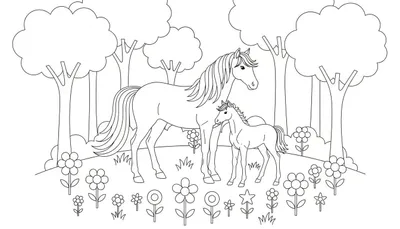 Kleurplaat van een volwassen paard en een veulen in een veld met bloemen en bomen.