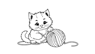 Zwart-wit tekening van een schattig, pluizig katje dat met zijn voorpoten een bol wol vasthoudt, met een draad wol die over de grond slingert. Het katje heeft grote ogen en een lachende mond.