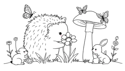 Kleurplaat van een schattige egel die aan een bloem ruikt, met vlinders op zijn rug en op een paddenstoel, en konijntjes op de voorgrond in een natuurlijke setting.