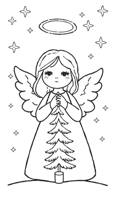 Zwart-wit kleurplaat van een schattige engel met vleugels en een halo, die een kleine kerstboom vasthoudt te midden van zwevende sterren.