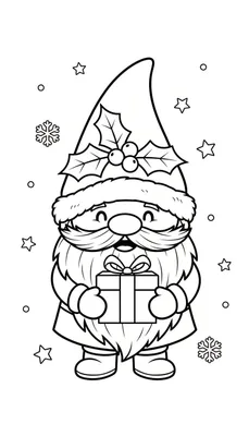 Kleurplaat van een schattige kabouter met een kerstmuts, baard, snor en een cadeau, omringd door sterren en sneeuwvlokken.