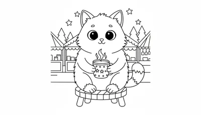 Zwart-wit lijntekening van een schattige, pluizige kat met grote ogen die op een houten krukje zit. De kat houdt een mok met stoom vast, versierd met sterren en stippen. Op de achtergrond staan marktkraampjes met golvende daken, puntige kerstachtige bomen en vijf-puntige sterren in de lucht.