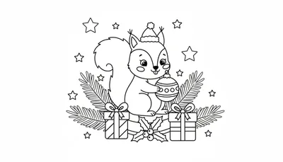 Een zwart-wit lijntekening van een schattige eekhoorn met kerstmuts, kerstbal, cadeautjes en dennentakken, klaar om ingekleurd te worden.