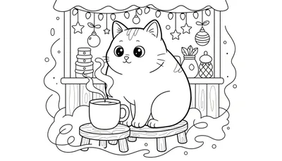 Kleurplaat van een mollige cartoonkat die op een krukje zit naast een dampende mok, met een vensterbank vol decoraties zoals potjes, een vaasje en een feestelijke slinger erboven.