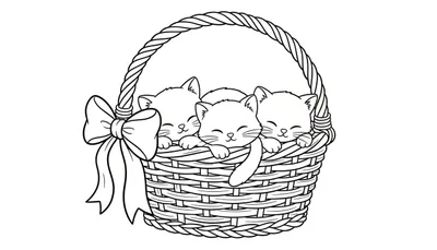 Kleurplaat van een mand met drie lachende kittens die eruit kijken.