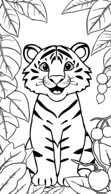 Een schattige tijger met grote ogen en een lachende mond, zittend te midden van junglebladeren met bessen.