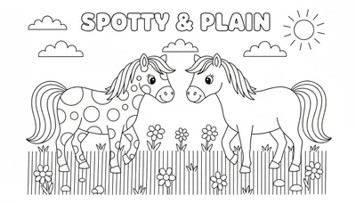 Zwart-witte lijntekening van twee paarden, een gevlekt paard genaamd Spotty en een effen paard genaamd Plain, die elkaar aankijken met een vriendelijke uitdrukking. Boven hen staat de tekst 'SPOTTY & PLAIN'. De achtergrond toont wolken, een stralende zon en onderaan een hekje met bloemen en gras.