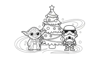 Kleurplaat met een cartoon Yoda die een kerststaf vasthoudt, een versierde kerstboom met een ster aan de top, en een cartoon Stormtrooper. De achtergrond is versierd met golvende lijnen en cirkels.